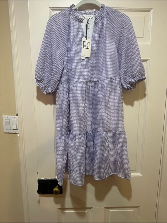THML Dresses & Skirts - THML Lavender Gingham Tiered Puff-Sleeve Dress